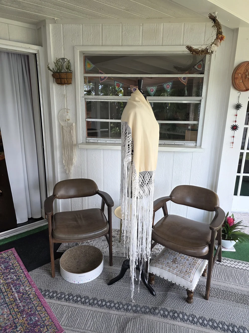 Vintage 70s Dramatic Fringe Wrap Boho Hippie Cream Shawl with White Fringe